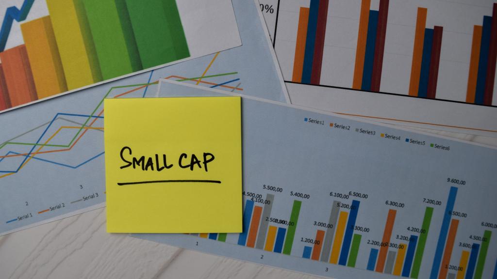 Un posit en el que se puede leer small caps (pequeñas compañías en inglés) sobre varios papeles con distintos gráficos de líneas y barras.