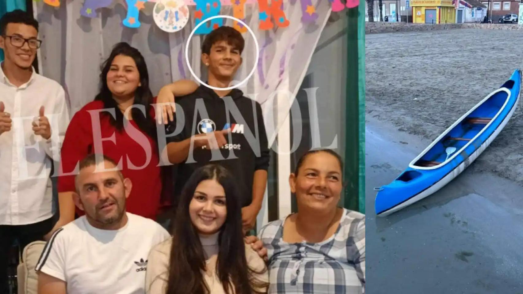 El difunto Ivailo Petrov junto a su familia y una imagen de la piragua robada en la que se produjo el naufragio en el Mar Menor.