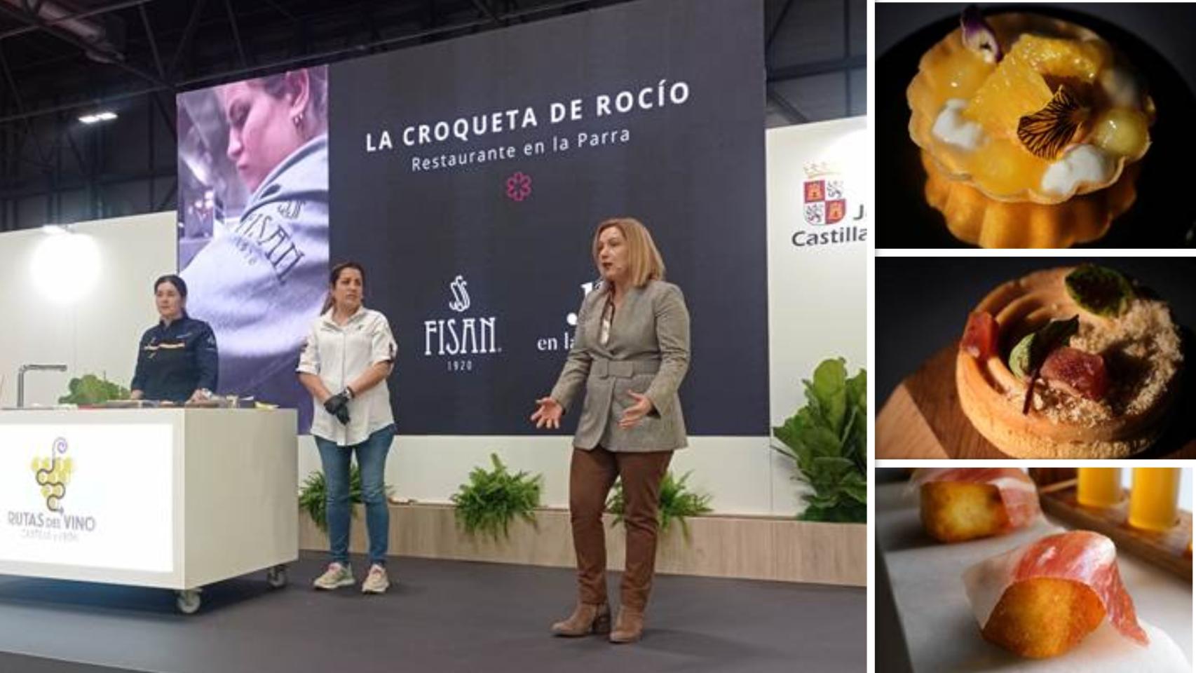 Rocío Parra durante el showcooking en FITUR y tres de sus elaboraciones