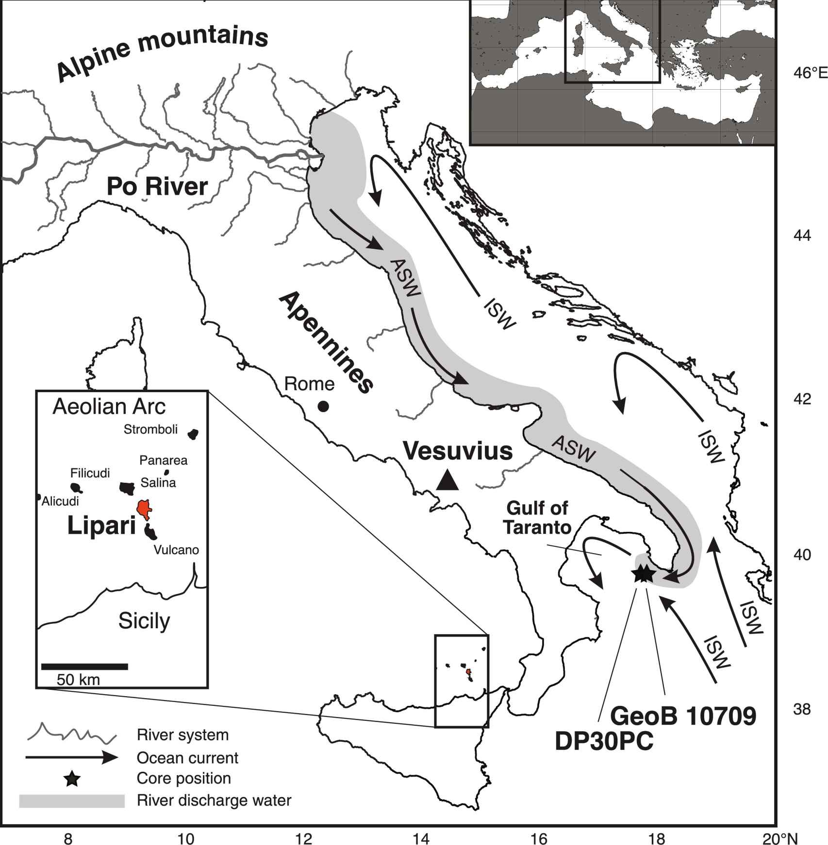 Mapa de Italia y el mar Adriático que indica los principales sistemas fluviales y características geográficas importantes