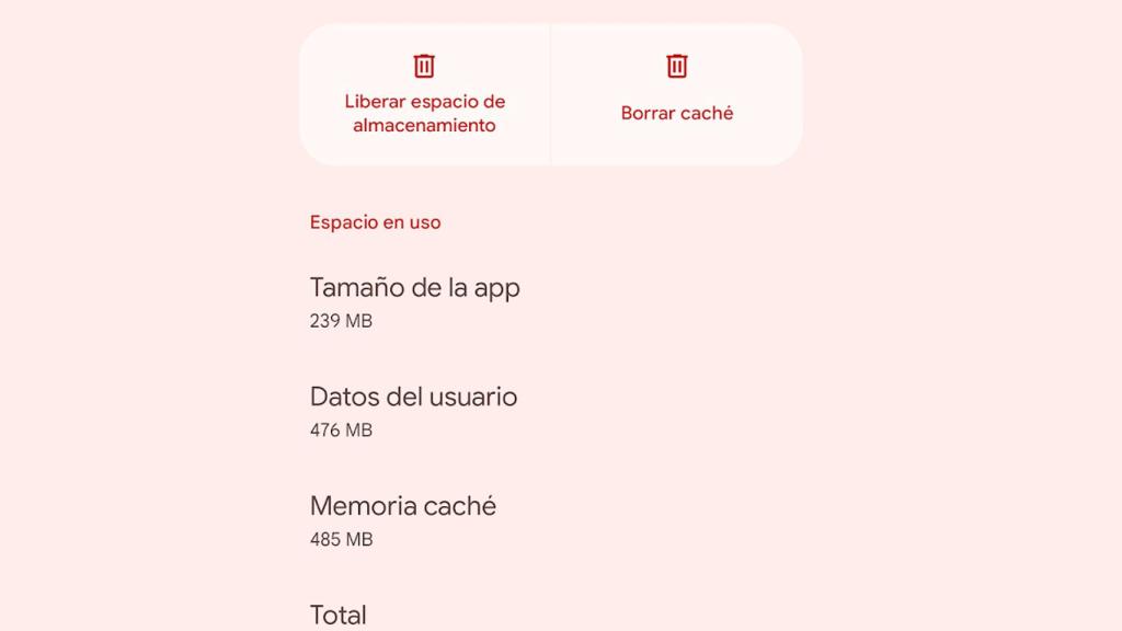 Opciones del almacenamiento de las apps en Android
