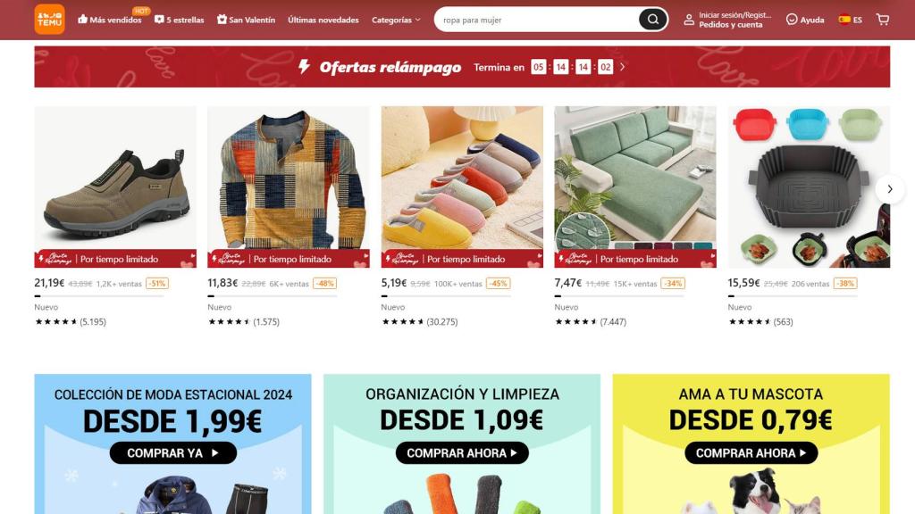 Página principal de Temu