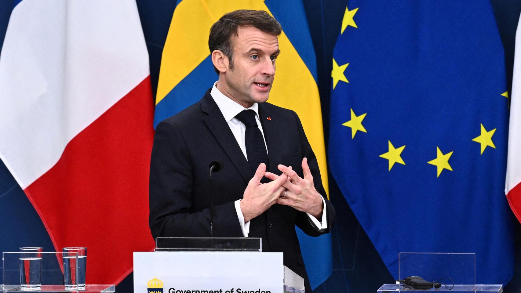 El presidente francés, Emmanuel Macron, durante su rueda de prensa de este martes en Estocolmo