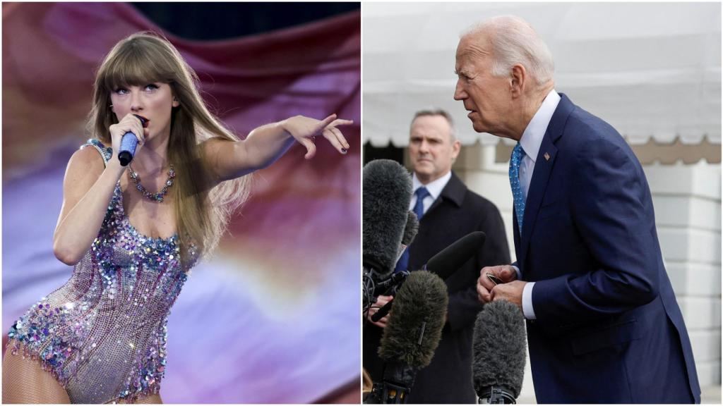 Taylor Swift durante un concierto de su gira Eras (izda) y el presidente de EEUU, Joe Biden (dcha).