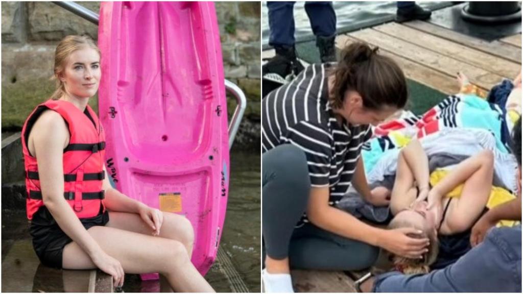 A la izquierda, Lauren O'Neill durante una de sus aventuras en kayak. A la derecha, una imagen del momento en el que asistieron a la joven.