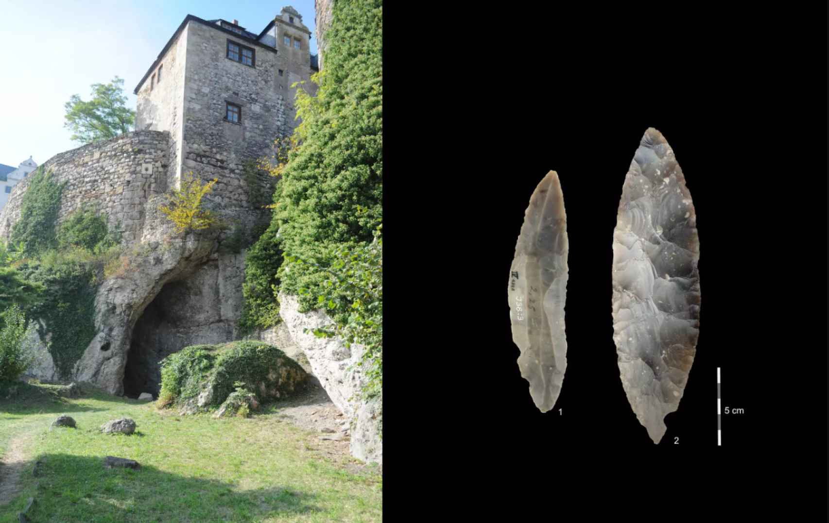 Entrada al yacimiento de Ilsenhöhle, bajo el castillo de Ranis, y herramientas de piedra de la cultura LRJ.