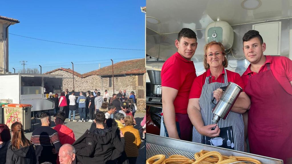 Los gemelos Miguel y Álvaro junto a su madre y una imagen de una plaza de un pueblo