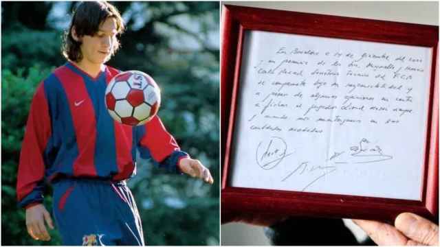 Leo Messi de niño y la servilleta con la que fichó por el FC Barcelona