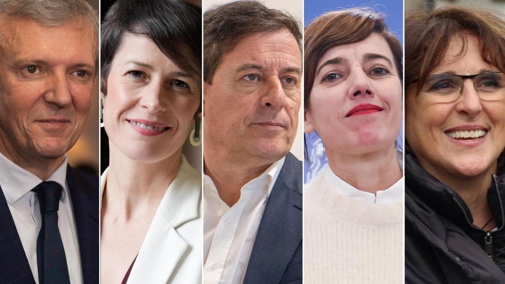 De izquierda a derecha: los candidatos Alfonso Rueda (PP), Ana Pontón (BNG), José Ramón Gómez Besteiro (PSdeG), Marta Lois (Sumar) e Isabel Faraldo (Podemos)