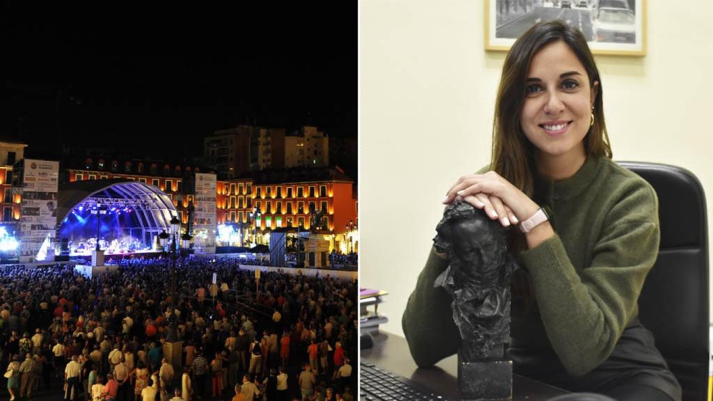 La concejala, Blanca Jiménez, a la derecha y un concierto en la Plaza Mayor a la izquierda