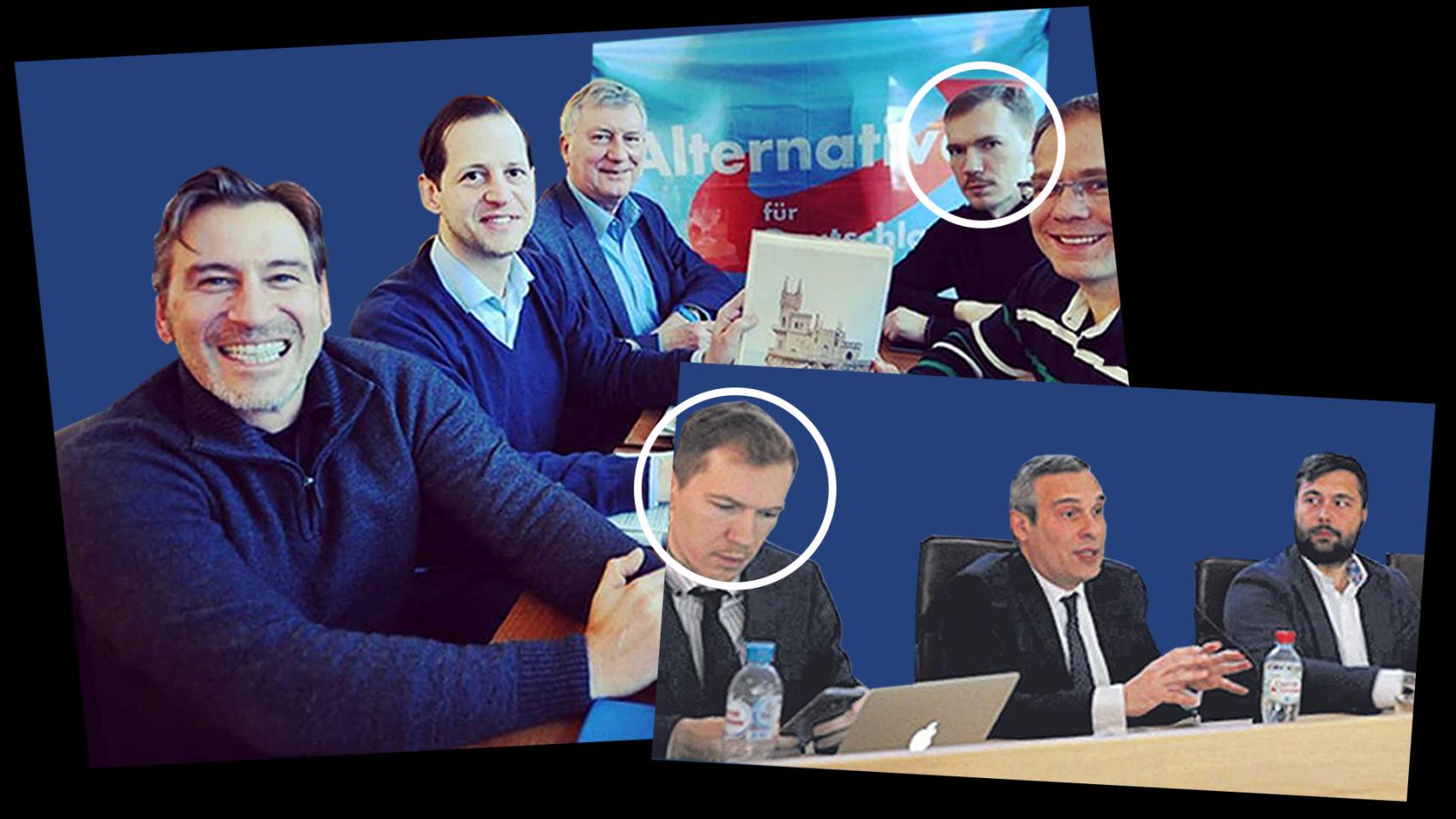 En la foto de arriba: Chesnokov junto a diputados de la extrema derecha alemana. En la foto de abajo: Chesnokov, Alay, jefe de la oficina de Puigdemont, y Dmitrenko, señalado por el CNI como espía ruso.