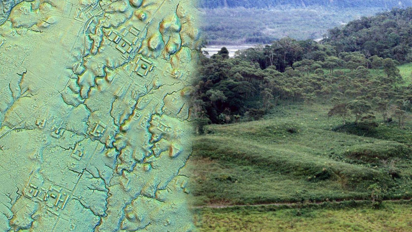 Imagen LiDAR de una de las antiguas áreas urbanas agrarias del Valle de Upano (izq.) y ejemplos de las plataformas rectangulares (der.). /