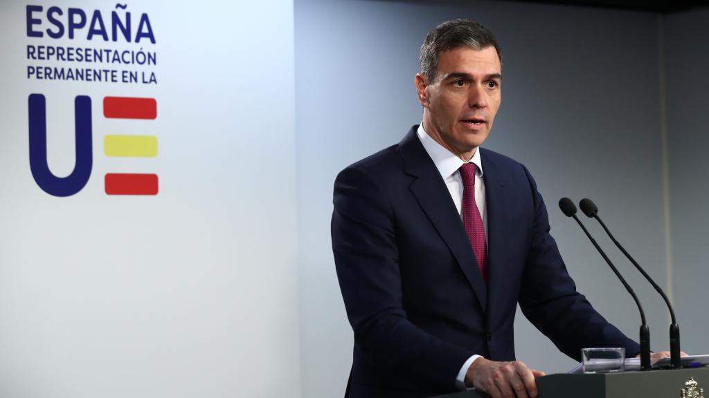 El presidente del Gobierno, Pedro Sánchez, durante su intervención tras el Consejo Europeo celebrado en Bruselas.