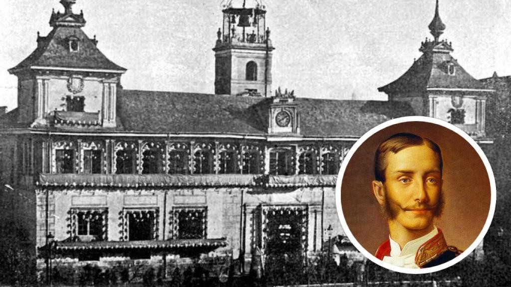 El Ayuntamiento de Valladolid en 1875 y un retrato del rey Alfonso XII en un montaje de EL ESPAÑOL.