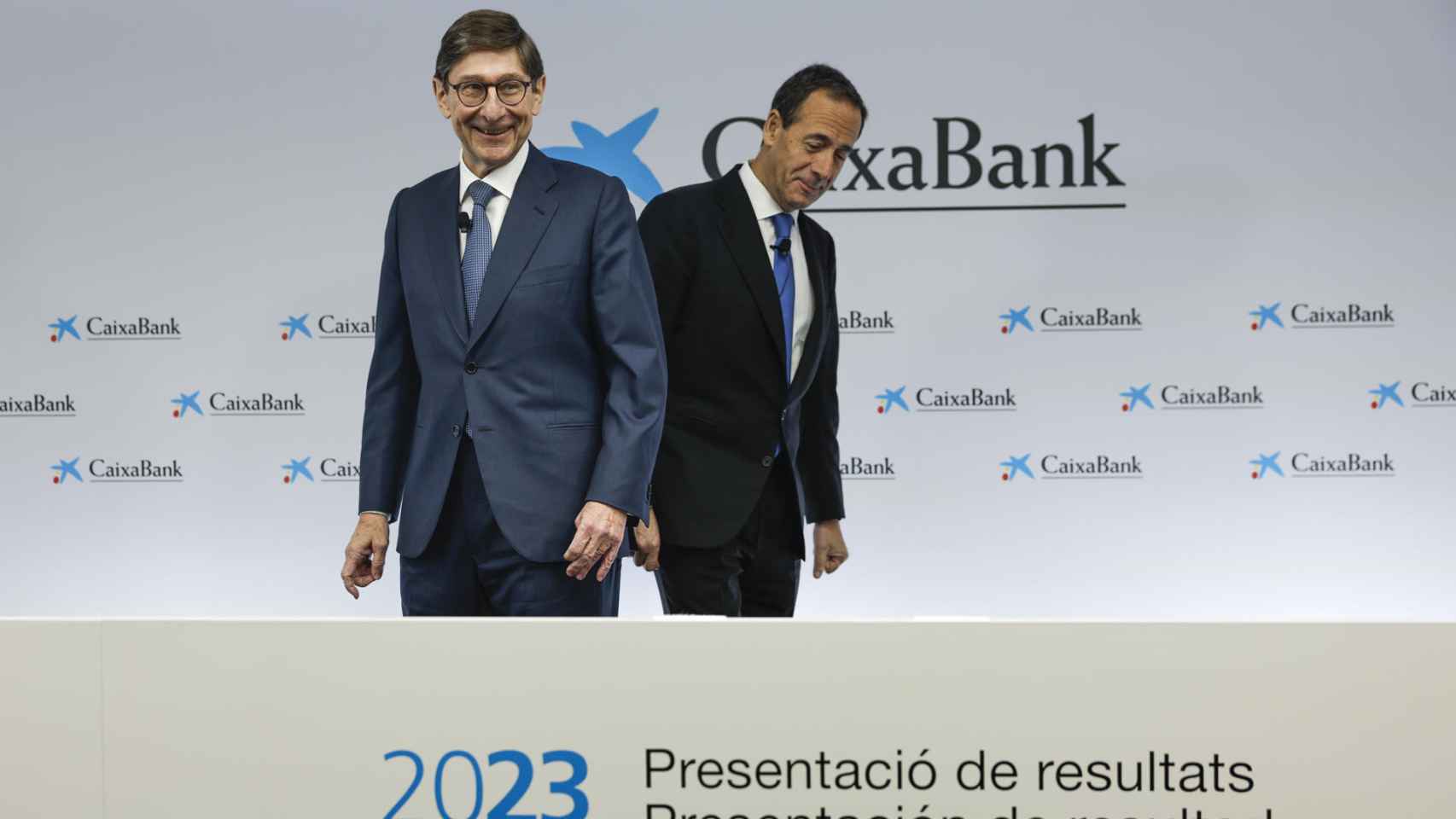 José Ignacio Goirigolzarri y Gonzalo Gortázar, presidente y CEO de CaixaBank, respectivamente, durante la última presentación de resultados del banco, celebrada el pasado 2 de febrero.