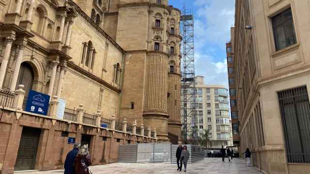 Imagen de la Catedral de Málaga y de una de las grúas ya instaladas.