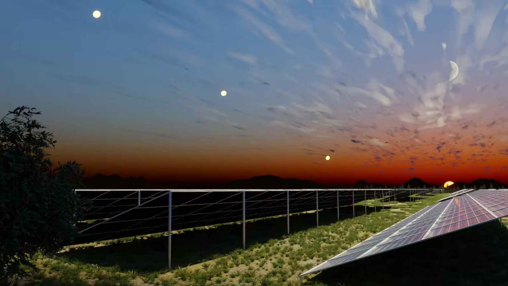 Representación de un tren de espejos orbitales enfocando a una granja solar