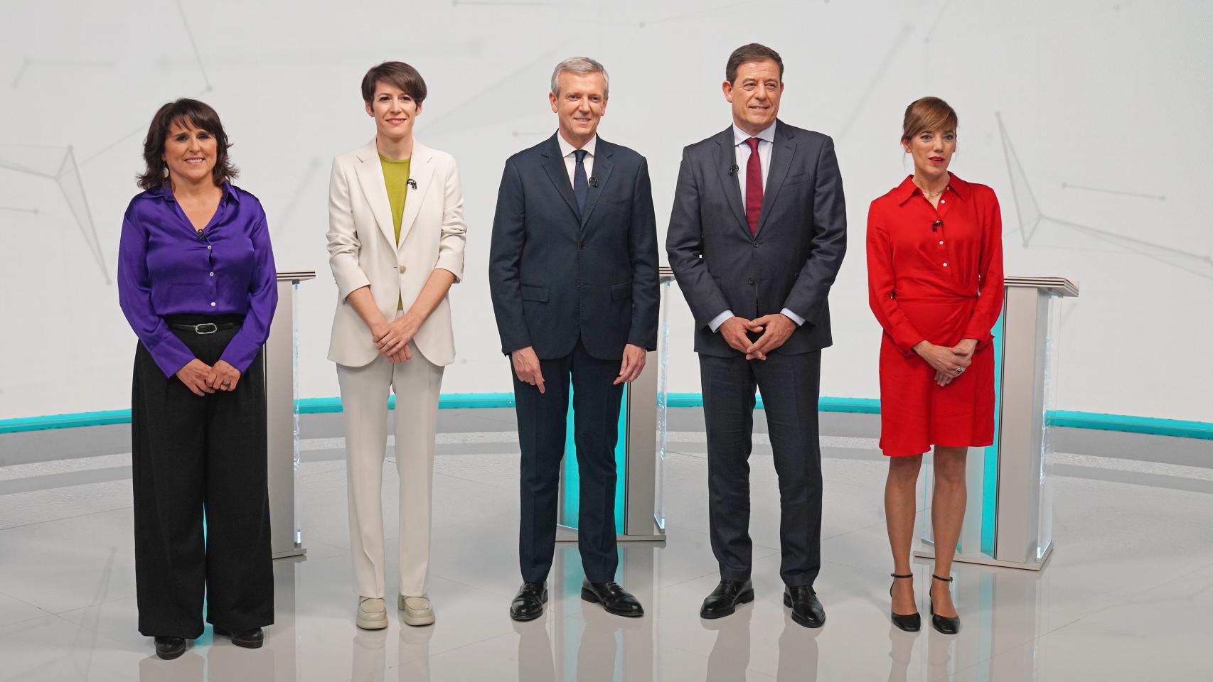Isabel Faraldo (Podemos), Ana Pontón (BNG), Alfonso Rueda (PP), José Ramón Gómez Besteiro (PSOE) y Marta Lois (Sumar)