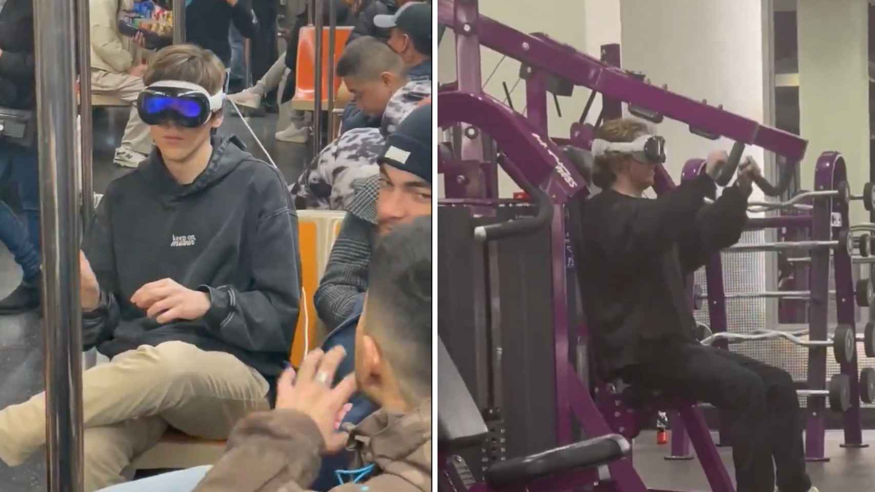 Una persona usando Apple Vision Pro en el metro y otra en el gimnasio.