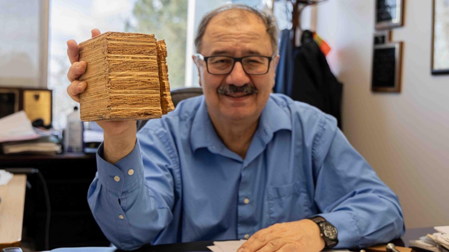 El profesor Chris Pantelides con una muestra de madera