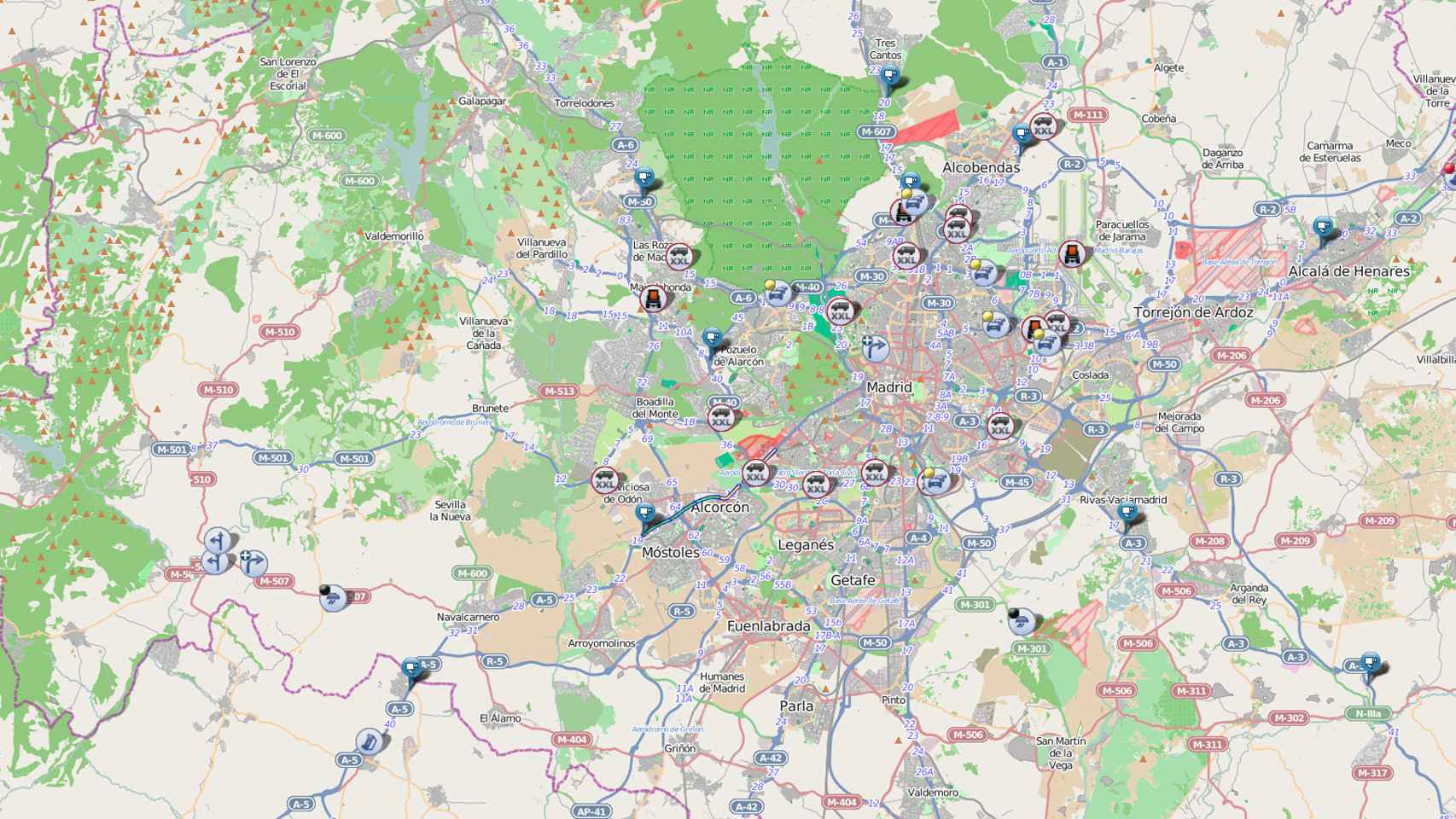 Mapa de Madrid con toda la geografía de carreteras plasmada.