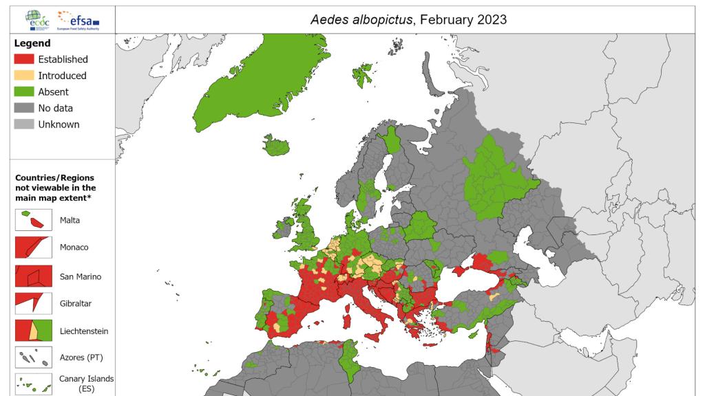 Actual distribución de Aedes albopictus en Europa.