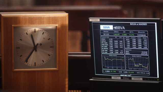 Un reloj junto a una pantalla que muestra la cotización de BBVA en el Palacio de la Bolsa de Madrid.