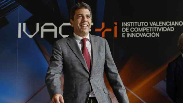 El presidente de la Generalitat, Carlos Mazón, durante la presentación de la nueva marca que integra el Instituto Valenciano de Competitividad Empresarial y la Agencia Valenciana de la Innovación