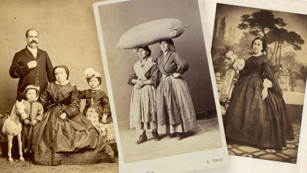 De izquierda a derecha, Jean Laurent: 'Retrato de familia posando al completo', h. 1864-65; P. Guidi: 'Retrato de una pareja de aldeanas italianas portando un saco en la cabeza', h. 1870; Alonso Martínez y hermano: 'Dama posando delante de un fondo de panorama de exterior', h. 1859-1860