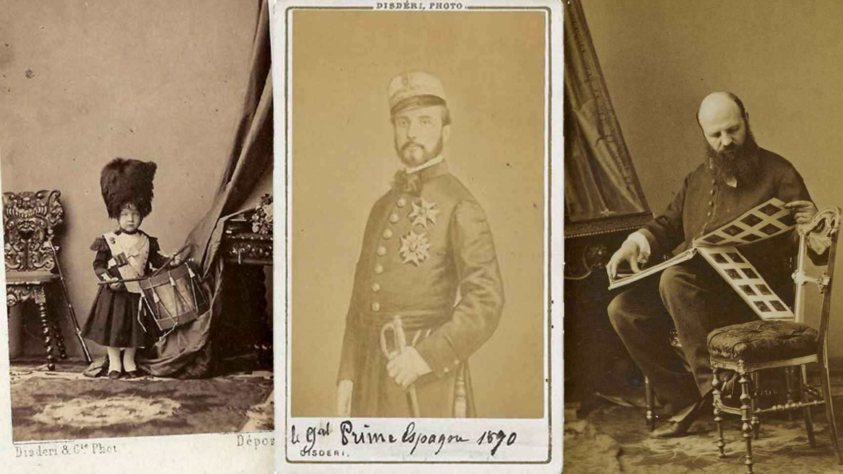 Disdéri: 'Retrato del príncipe imperial Luis Napoleón', h. 1860, y 'El general Prim', h. 1868-1870; a la derecha, 'Autorretrato de Disdéri hojeando un álbum de cartes de visite'