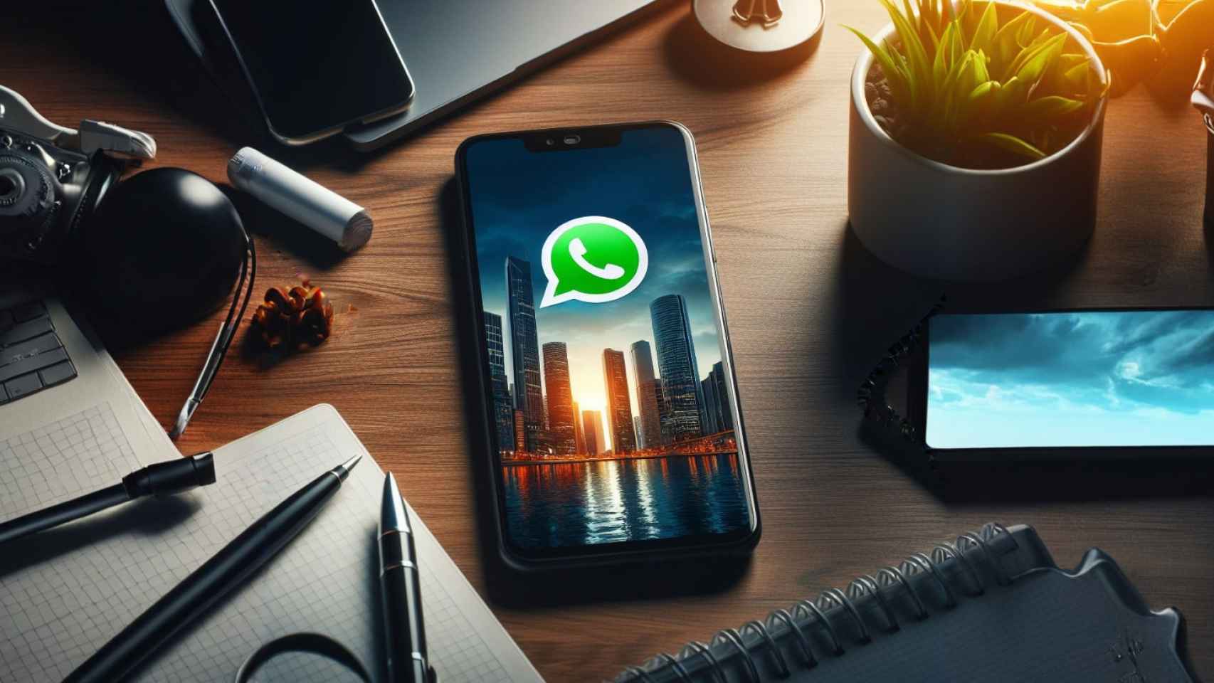 Un móvil con el logotipo de WhatsApp en una mesa
