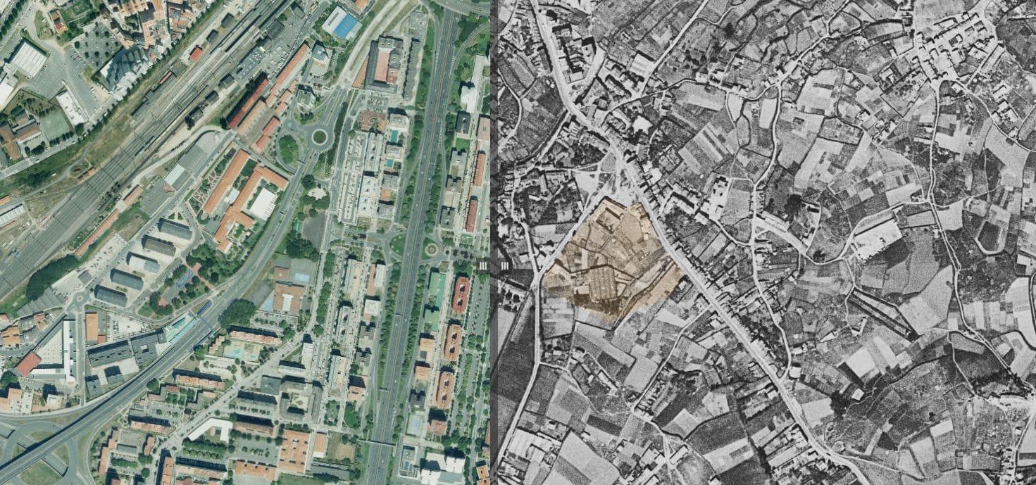 Vista de la zona donde se ubicaba el mercado: izquierda 2007, derecha vuelo americano 1956-1957