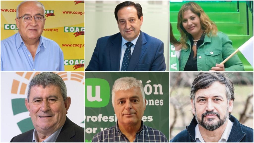 Arriba, de izq a dcha: Miguel Padilla (COAG), Pedro Barato (Asaja), Lola Guzmán (Plataforma 6F); Abajo: Lorenzo Ramos (UPA), Luis Cortés (Unión de Uniones) y Joan Caball (Unió de Pagesos)