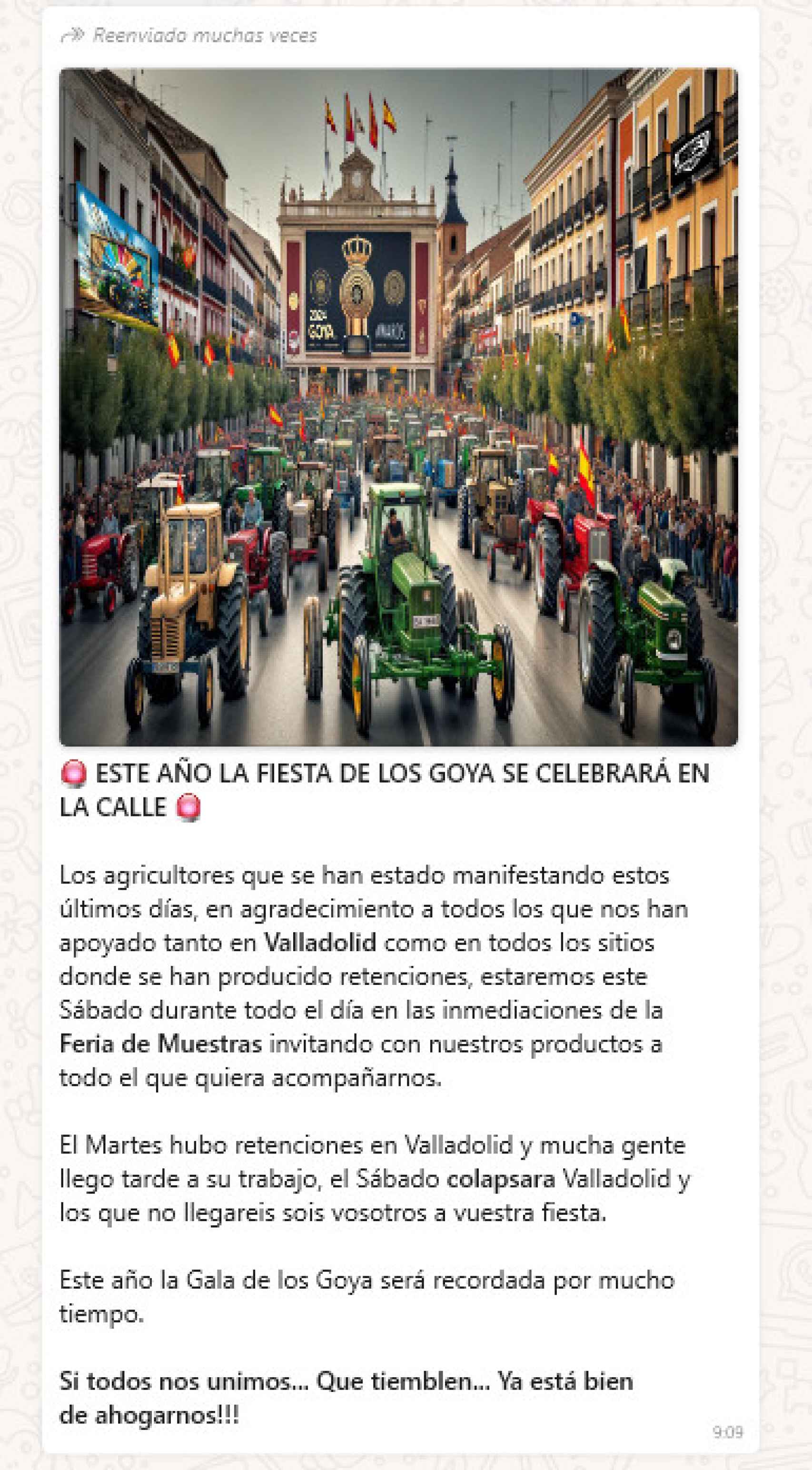 El mensaje que se ha hecho viral vía Whatsapp llamando a boicotear los Goya en Valladolid