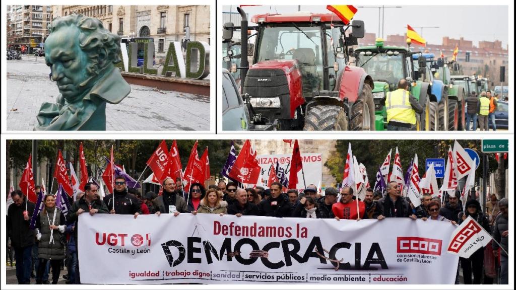 La estatua de los Goya, una protesta de agricultores y una manifestación de los sindicatos en Valladolid, en un montaje de EL ESPAÑOL.