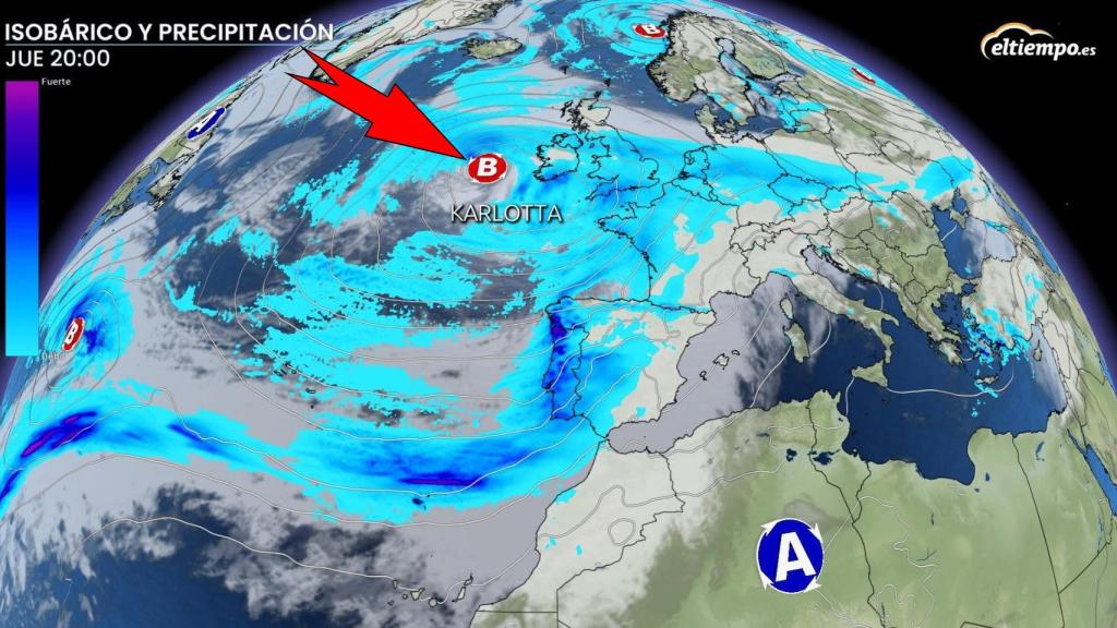 La influencia de la borrasca Karlotta sobre España a lo largo del jueves. El Tiempo.es.