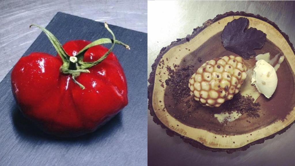 Tomate y el postre de piña de pino.