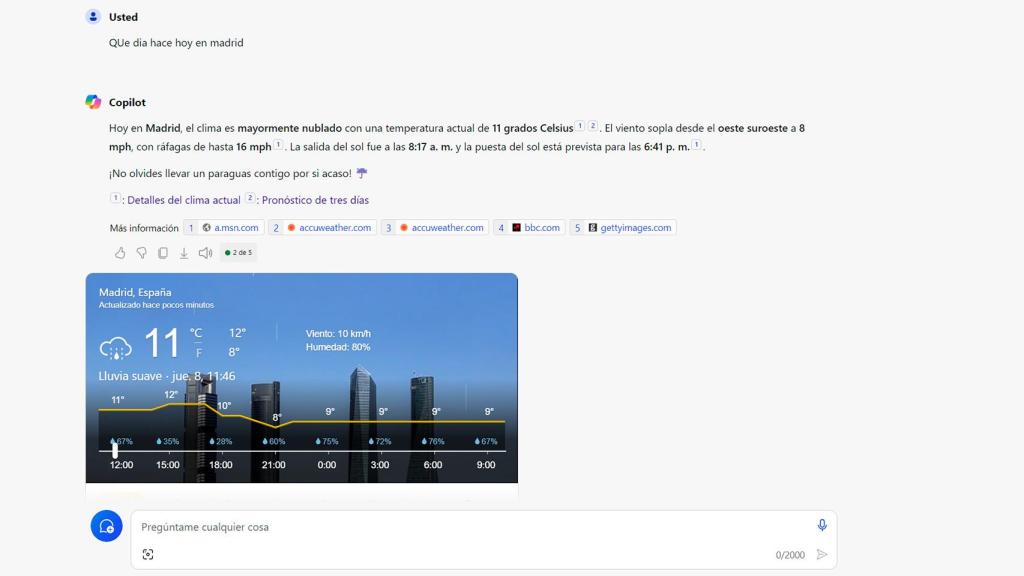Imagen del nuevo Copilot de Microsoft respondiendo a una consulta