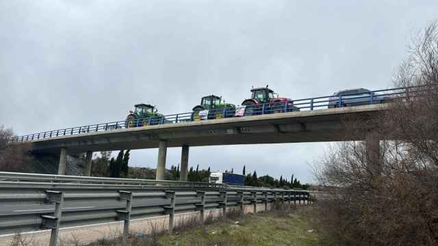 Varios tractores se colocan en uno de los puentes de la A-11, cortando únicamente un carril y dejando pasar a vehículos, durante la jornada de este pasado jueves.