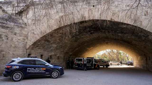 Varios vehículos de Policía donde ocurrieron los hechos, bajo el Puente del Real, en el Jardín del Turia. Eduardo Manzana / Europa Press