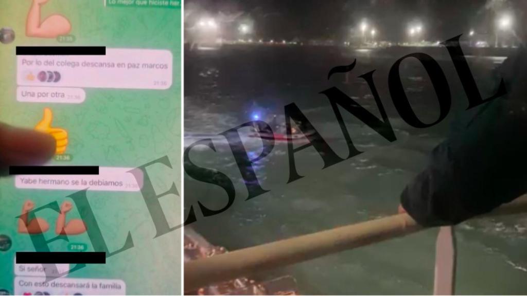 Uno de los chats internos de los narcotraficantes de Cádiz en la noche de este viernes. A la derecha, la zódiac de la Guardia Civil antes de la mortal embestida.