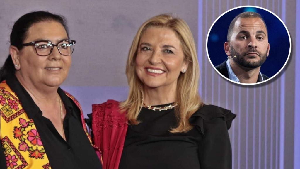 María del Monte y la periodista Inmaculada Casal en la entrega de los Premios Planeta 2022, en un fotomontaje con Antonio Tejado de El Español.