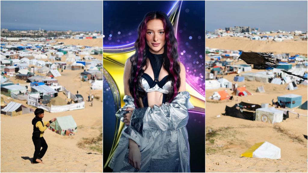 A los lados, un niño vuela una cometa en un campo de refugiados improvisado en Rafah (Gaza). En el centro, Eden Golan, ganadora de Ha-Cojav Ha-Bá y representante de Israel en Eurovisión 2024.