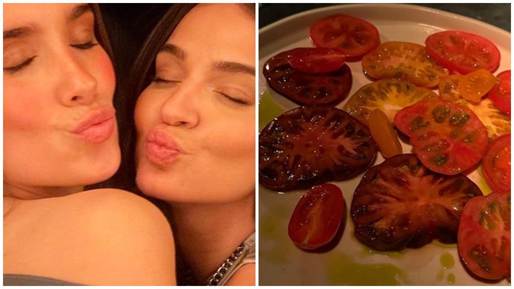 A la izquierda, María Pombo y Laura Escanes, y a la derecha, una imagen de la ensalada que comieron.