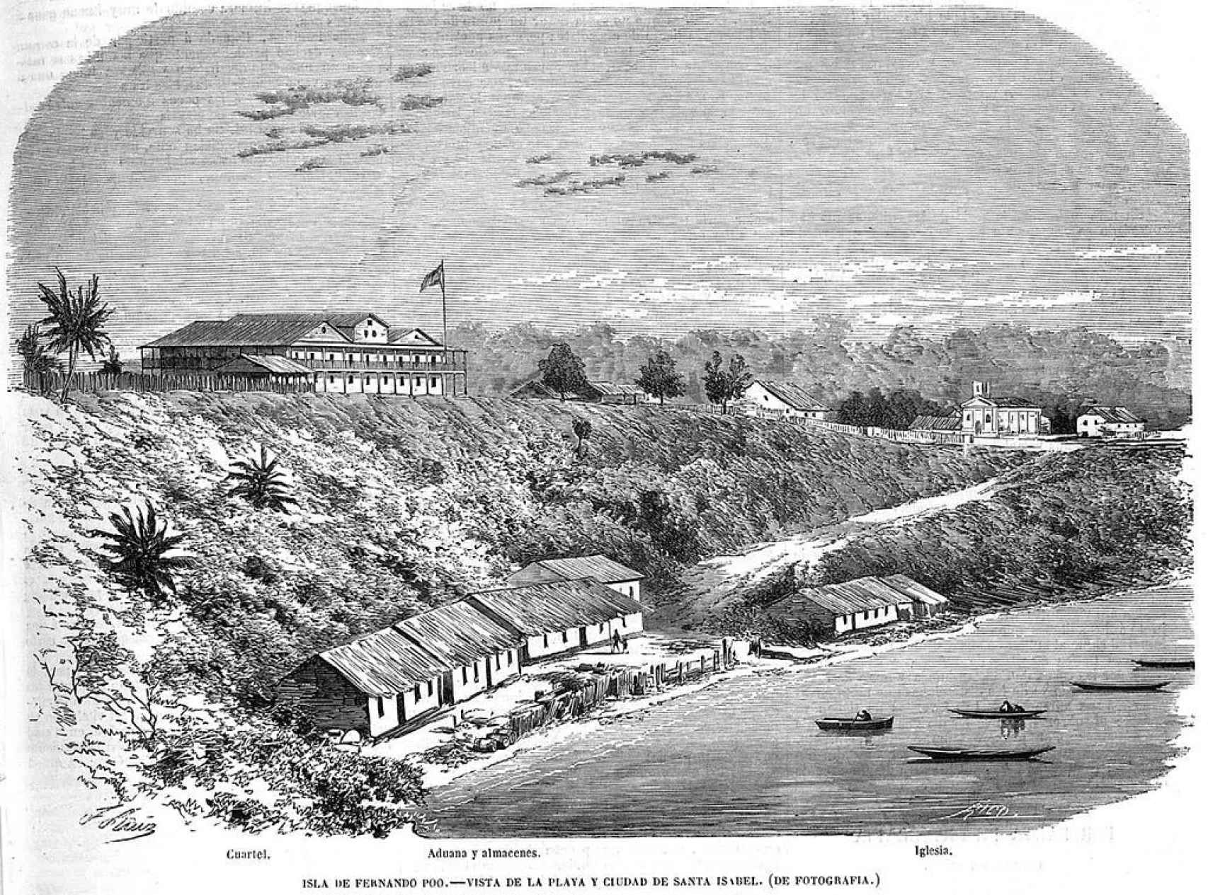 Isla de Fernando Poo: Vista de la playa y ciudad de Santa Isabel C. 1857