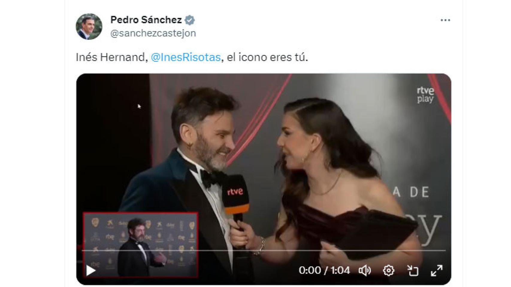 Captura del tuit de Pedro Sánchez a Inés Hernand.