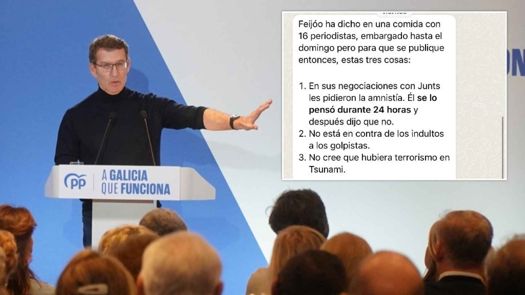 El presidente del PP, Alberto Núñez Feijóo, y la conversación de WhatsApp publicada por Juan García-Gallardo, en un montaje de EL ESPAÑOL.