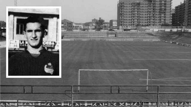 El escultor y exfutbolista Eduardo Chillida (Foto: Real Sociedad) y, de fondo, el viejo Estadio José Zorrilla en la década de los 70