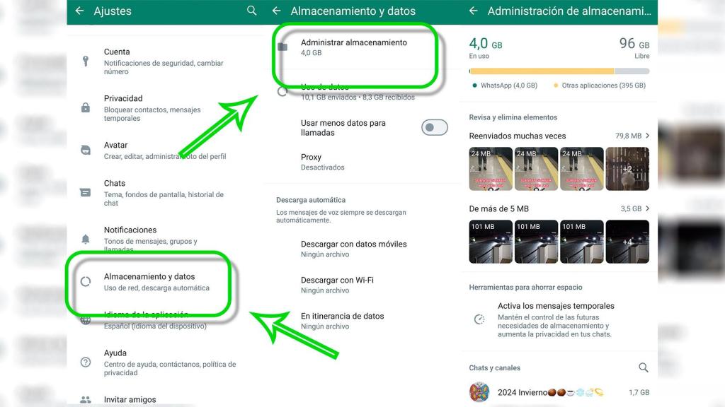 Imagen de los ajustes para borrar espacio del backup de WhatsApp