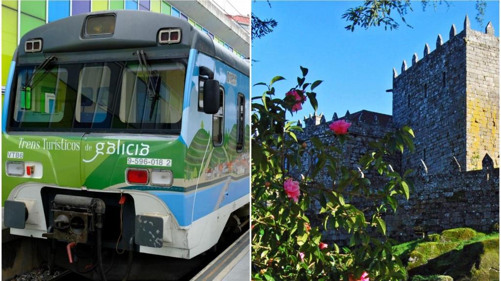 Un tren turístico de Galicia y el Castelo de Soutomaior, una de las paradas